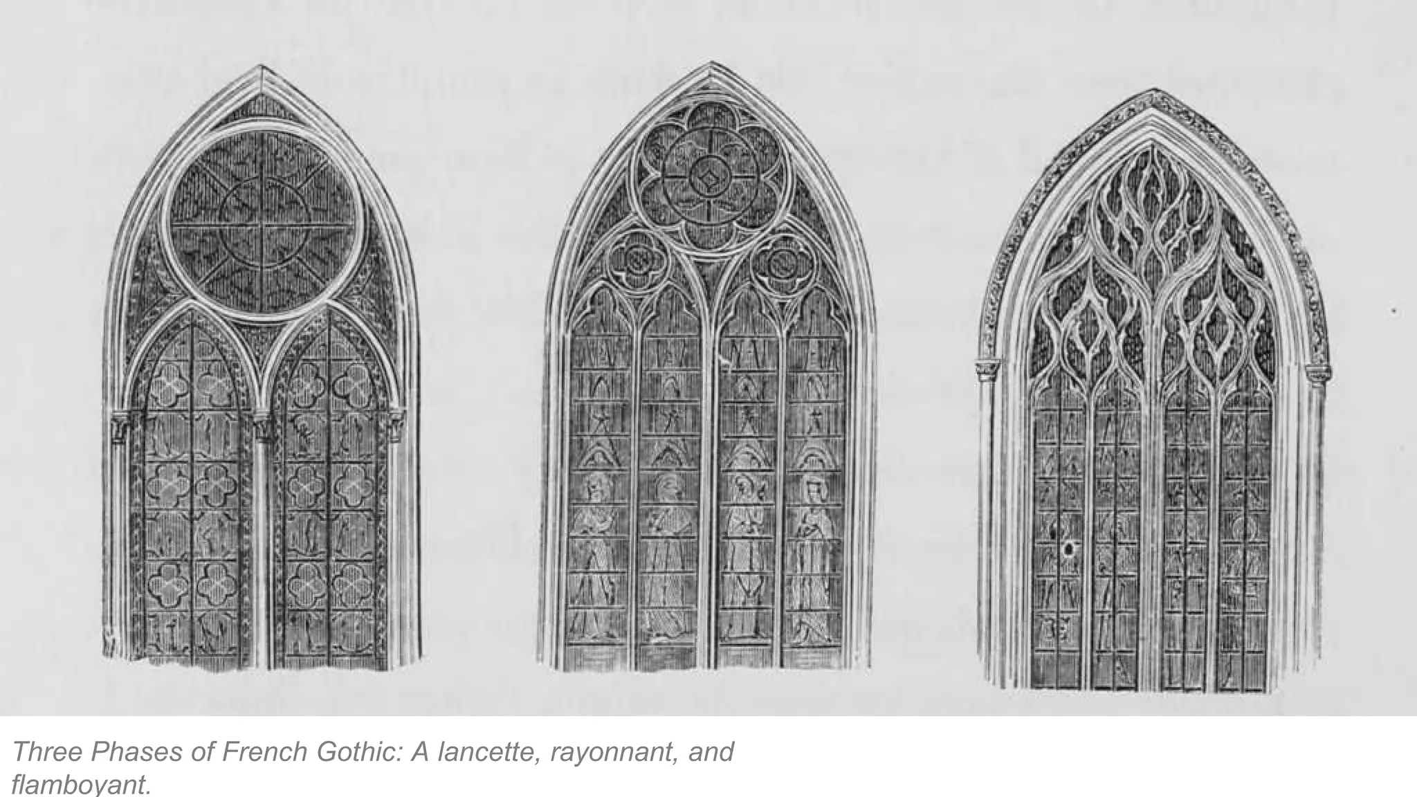 Three Phases of French Gothic: A lancette, rayonnant, and
flamboyant.
 