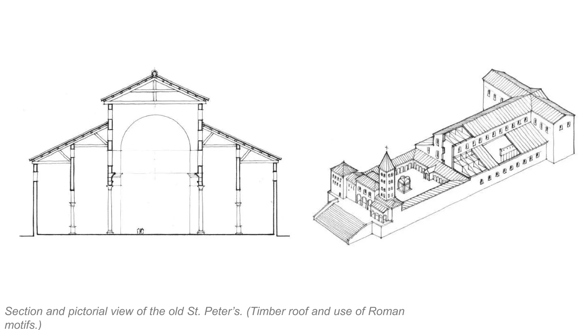Section and pictorial view of the old St. Peter’s. (Timber roof and use of Roman
motifs.)
 