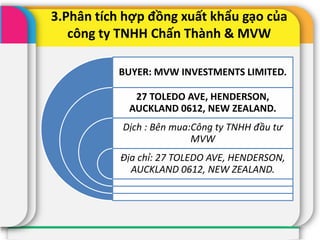 3.Phân tích hợp đồng xuất khẩu gạo của
công ty TNHH Chấn Thành & MVW
BUYER: MVW INVESTMENTS LIMITED.
27 TOLEDO AVE, HENDERSON,
AUCKLAND 0612, NEW ZEALAND.
Dịch : Bên mua:Công ty TNHH đầu tư
MVW
Địa chỉ: 27 TOLEDO AVE, HENDERSON,
AUCKLAND 0612, NEW ZEALAND.
 