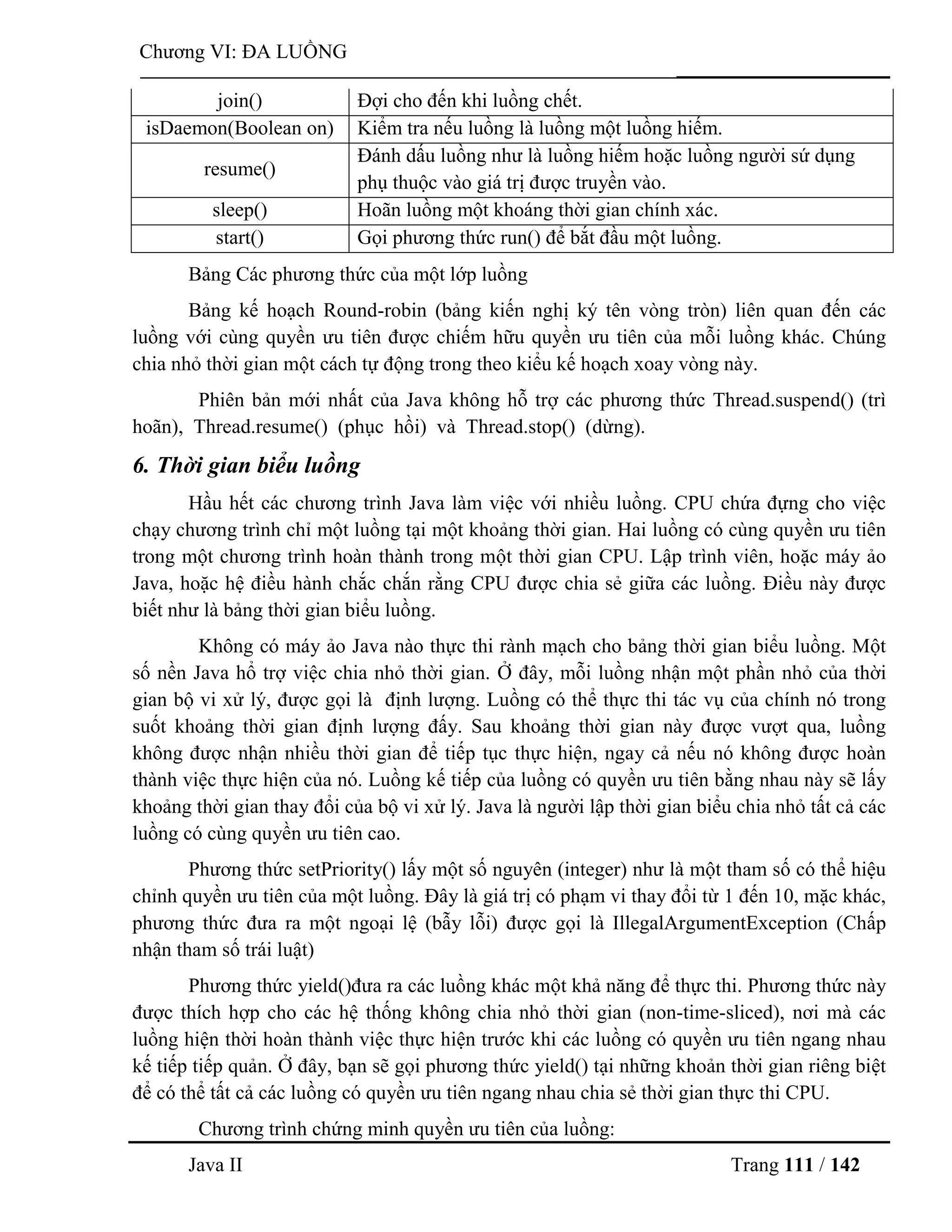 Java II Trang 111 / 142
Chƣơng VI: ĐA LUỒNG
join() Đợi cho đến khi luồng chết.
isDaemon(Boolean on) Kiểm tra nếu luồng là luồng một luồng hiếm.
resume()
Đánh dấu luồng nhƣ là luồng hiếm hoặc luồng ngƣời sứ dụng
phụ thuộc vào giá trị đƣợc truyền vào.
sleep() Hoãn luồng một khoáng thời gian chính xác.
start() Gọi phƣơng thức run() để bắt đầu một luồng.
Bảng Các phƣơng thức của một lớp luồng
Bảng kế hoạch Round-robin (bảng kiến nghị ký tên vòng tròn) liên quan đến các
luồng với cùng quyền ƣu tiên đƣợc chiếm hữu quyền ƣu tiên của mỗi luồng khác. Chúng
chia nhỏ thời gian một cách tự động trong theo kiểu kế hoạch xoay vòng này.
Phiên bản mới nhất của Java không hỗ trợ các phƣơng thức Thread.suspend() (trì
hoãn), Thread.resume() (phục hồi) và Thread.stop() (dừng).
6. Thời gian biểu luồng
Hầu hết các chƣơng trình Java làm việc với nhiều luồng. CPU chứa đựng cho việc
chạy chƣơng trình chỉ một luồng tại một khoảng thời gian. Hai luồng có cùng quyền ƣu tiên
trong một chƣơng trình hoàn thành trong một thời gian CPU. Lập trình viên, hoặc máy ảo
Java, hoặc hệ điều hành chắc chắn rằng CPU đƣợc chia sẻ giữa các luồng. Điều này đƣợc
biết nhƣ là bảng thời gian biểu luồng.
Không có máy ảo Java nào thực thi rành mạch cho bảng thời gian biểu luồng. Một
số nền Java hổ trợ việc chia nhỏ thời gian. Ở đây, mỗi luồng nhận một phần nhỏ của thời
gian bộ vi xử lý, đƣợc gọi là định lƣợng. Luồng có thể thực thi tác vụ của chính nó trong
suốt khoảng thời gian định lƣợng đấy. Sau khoảng thời gian này đƣợc vƣợt qua, luồng
không đƣợc nhận nhiều thời gian để tiếp tục thực hiện, ngay cả nếu nó không đƣợc hoàn
thành việc thực hiện của nó. Luồng kế tiếp của luồng có quyền ƣu tiên bằng nhau này sẽ lấy
khoảng thời gian thay đổi của bộ vi xử lý. Java là ngƣời lập thời gian biểu chia nhỏ tất cả các
luồng có cùng quyền ƣu tiên cao.
Phƣơng thức setPriority() lấy một số nguyên (integer) nhƣ là một tham số có thể hiệu
chỉnh quyền ƣu tiên của một luồng. Đây là giá trị có phạm vi thay đổi từ 1 đến 10, mặc khác,
phƣơng thức đƣa ra một ngoại lệ (bẫy lỗi) đƣợc gọi là IllegalArgumentException (Chấp
nhận tham số trái luật)
Phƣơng thức yield()đƣa ra các luồng khác một khả năng để thực thi. Phƣơng thức này
đƣợc thích hợp cho các hệ thống không chia nhỏ thời gian (non-time-sliced), nơi mà các
luồng hiện thời hoàn thành việc thực hiện trƣớc khi các luồng có quyền ƣu tiên ngang nhau
kế tiếp tiếp quản. Ở đây, bạn sẽ gọi phƣơng thức yield() tại những khoản thời gian riêng biệt
để có thể tất cả các luồng có quyền ƣu tiên ngang nhau chia sẻ thời gian thực thi CPU.
Chƣơng trình chứng minh quyền ƣu tiên của luồng:
 