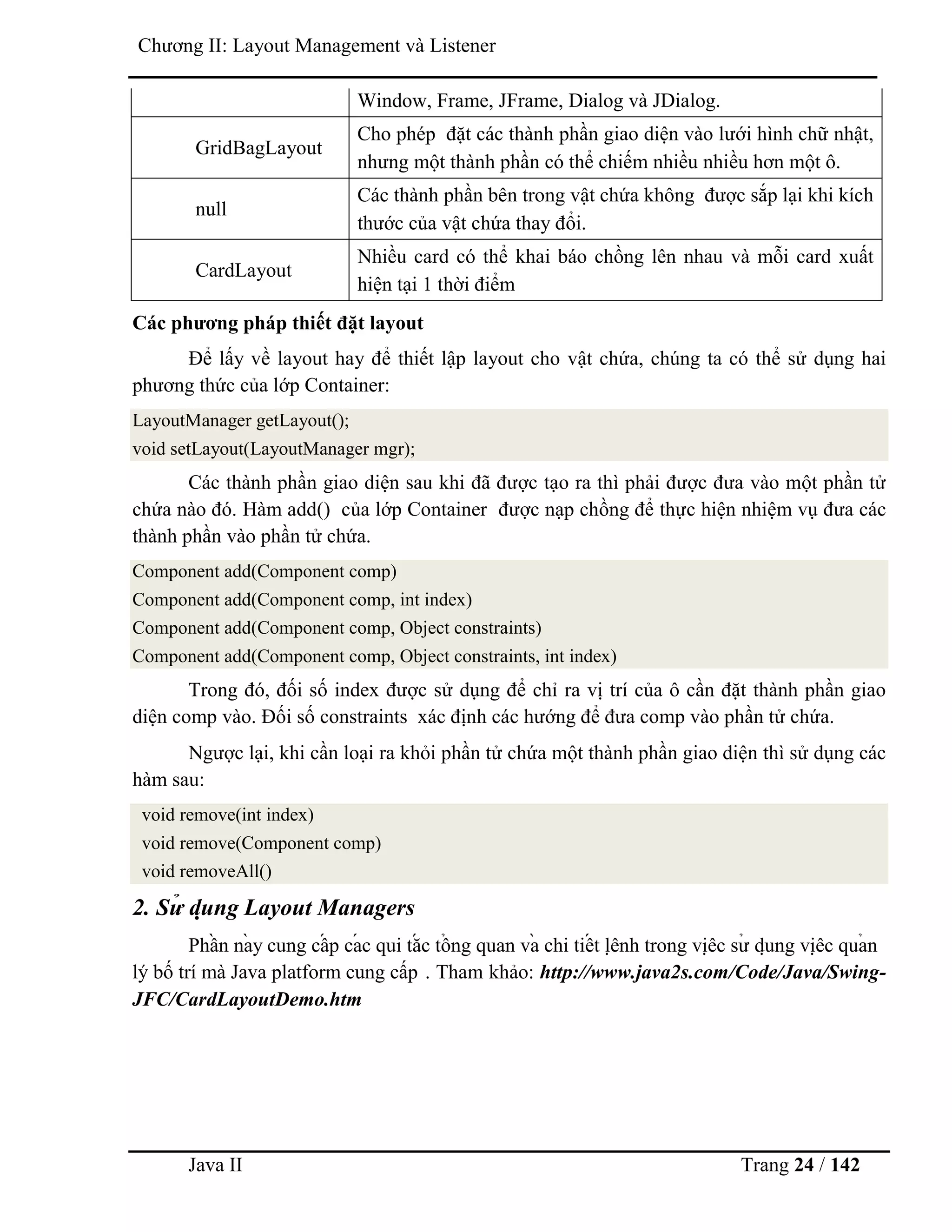 Java II Trang 24 / 142
Chƣơng II: Layout Management và Listener
Window, Frame, JFrame, Dialog và JDialog.
GridBagLayout
Cho phép đặt các thành phần giao diện vào lƣới hình chữ nhật,
nhƣng một thành phần có thể chiếm nhiều nhiều hơn một ô.
null
Các thành phần bên trong vật chứa không đƣợc sắp lại khi kích
thƣớc của vật chứa thay đổi.
CardLayout
Nhiều card có thể khai báo chồng lên nhau và mỗi card xuất
hiện tại 1 thời điểm
Các phƣơng pháp thiết đặt layout
Để lấy về layout hay để thiết lập layout cho vật chứa, chúng ta có thể sử dụng hai
phƣơng thức của lớp Container:
LayoutManager getLayout();
void setLayout(LayoutManager mgr);
Các thành phần giao diện sau khi đã đƣợc tạo ra thì phải đƣợc đƣa vào một phần tử
chứa nào đó. Hàm add() của lớp Container đƣợc nạp chồng để thực hiện nhiệm vụ đƣa các
thành phần vào phần tử chứa.
Component add(Component comp)
Component add(Component comp, int index)
Component add(Component comp, Object constraints)
Component add(Component comp, Object constraints, int index)
Trong đó, đối số index đƣợc sử dụng để chỉ ra vị trí của ô cần đặt thành phần giao
diện comp vào. Đối số constraints xác định các hƣớng để đƣa comp vào phần tử chứa.
Ngƣợc lại, khi cần loại ra khỏi phần tử chứa một thành phần giao diện thì sử dụng các
hàm sau:
void remove(int index)
void remove(Component comp)
void removeAll()
2. Sử dụ ng Layout Managers
Phầ n nà y cung cấ p cá c qui tắ c tổ ng quan và chi tiế t lệ nh trong việ c sƣ̉ dụ ng việ c quả n
lý bố trí mà Java platform cung cấp . Tham khảo: http://www.java2s.com/Code/Java/Swing-
JFC/CardLayoutDemo.htm
 
