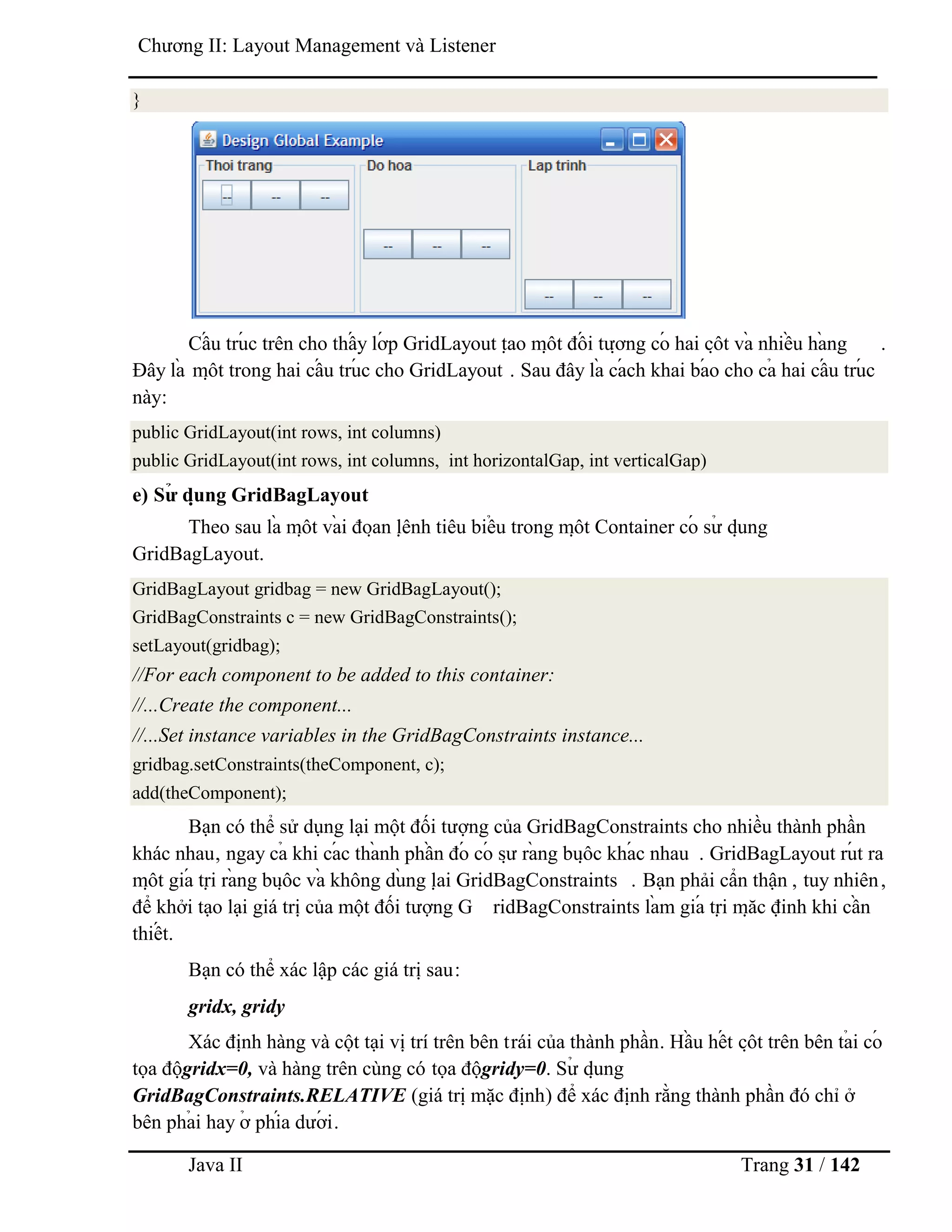 Java II Trang 31 / 142
Chƣơng II: Layout Management và Listener
}
Cấ u trú c trên cho thấ y lớ p GridLayout tạ o mộ t đố i tƣợ ng có hai cộ t và nhiề u hà ng .
Đây là mộ t trong hai cấ u trú c cho GridLayout . Sau đây là cá ch khai bá o cho cả hai cấ u trú c
này:
public GridLayout(int rows, int columns)
public GridLayout(int rows, int columns, int horizontalGap, int verticalGap)
e) Sƣ̉ dụ ng GridBagLayout
Theo sau là mộ t và i đoạ n lệ nh tiêu biể u trong mộ t Container có sƣ̉ dụ ng
GridBagLayout.
GridBagLayout gridbag = new GridBagLayout();
GridBagConstraints c = new GridBagConstraints();
setLayout(gridbag);
//For each component to be added to this container:
//...Create the component...
//...Set instance variables in the GridBagConstraints instance...
gridbag.setConstraints(theComponent, c);
add(theComponent);
Bạn có thể sử dụng lại một đối tƣợng của GridBagConstraints cho nhiều thành phần
khác nhau, ngay cả khi cá c thà nh phầ n đó có sƣ̣ rà ng buộ c khá c nhau . GridBagLayout rú t ra
mộ t giá trị rà ng buộ c và không dù ng lạ i GridBagConstraints . Bạn phải cẩn thận , tuy nhiên,
để khởi tạo lại giá trị của một đối tƣợng G ridBagConstraints là m giá trị mặ c định khi cầ n
thiế t.
Bạn có thể xác lập các giá trị sau:
gridx, gridy
Xác định hàng và cột tại vị trí trên bên trái của thành phần. Hầ u hế t cộ t trên bên tả i có
tọa độgridx=0, và hàng trên cùng có tọa độgridy=0. Sƣ̉ dụ ng
GridBagConstraints.RELATIVE (giá trị mặc định) để xác định rằng thành phần đó chỉ ở
bên phả i hay ở phía dƣớ i.
 