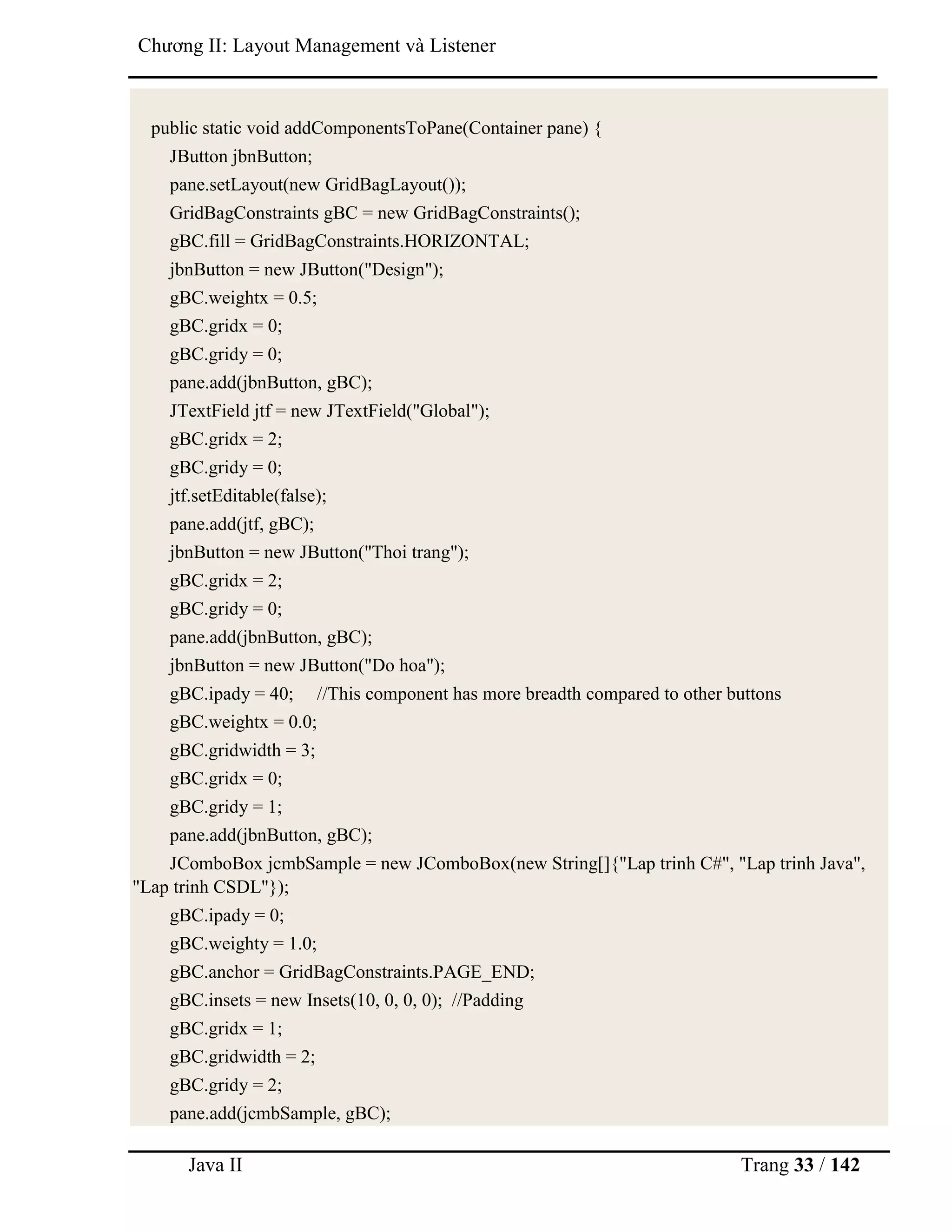 Java II Trang 33 / 142
Chƣơng II: Layout Management và Listener
public static void addComponentsToPane(Container pane) {
JButton jbnButton;
pane.setLayout(new GridBagLayout());
GridBagConstraints gBC = new GridBagConstraints();
gBC.fill = GridBagConstraints.HORIZONTAL;
jbnButton = new JButton("Design");
gBC.weightx = 0.5;
gBC.gridx = 0;
gBC.gridy = 0;
pane.add(jbnButton, gBC);
JTextField jtf = new JTextField("Global");
gBC.gridx = 2;
gBC.gridy = 0;
jtf.setEditable(false);
pane.add(jtf, gBC);
jbnButton = new JButton("Thoi trang");
gBC.gridx = 2;
gBC.gridy = 0;
pane.add(jbnButton, gBC);
jbnButton = new JButton("Do hoa");
gBC.ipady = 40; //This component has more breadth compared to other buttons
gBC.weightx = 0.0;
gBC.gridwidth = 3;
gBC.gridx = 0;
gBC.gridy = 1;
pane.add(jbnButton, gBC);
JComboBox jcmbSample = new JComboBox(new String[]{"Lap trinh C#", "Lap trinh Java",
"Lap trinh CSDL"});
gBC.ipady = 0;
gBC.weighty = 1.0;
gBC.anchor = GridBagConstraints.PAGE_END;
gBC.insets = new Insets(10, 0, 0, 0); //Padding
gBC.gridx = 1;
gBC.gridwidth = 2;
gBC.gridy = 2;
pane.add(jcmbSample, gBC);
 