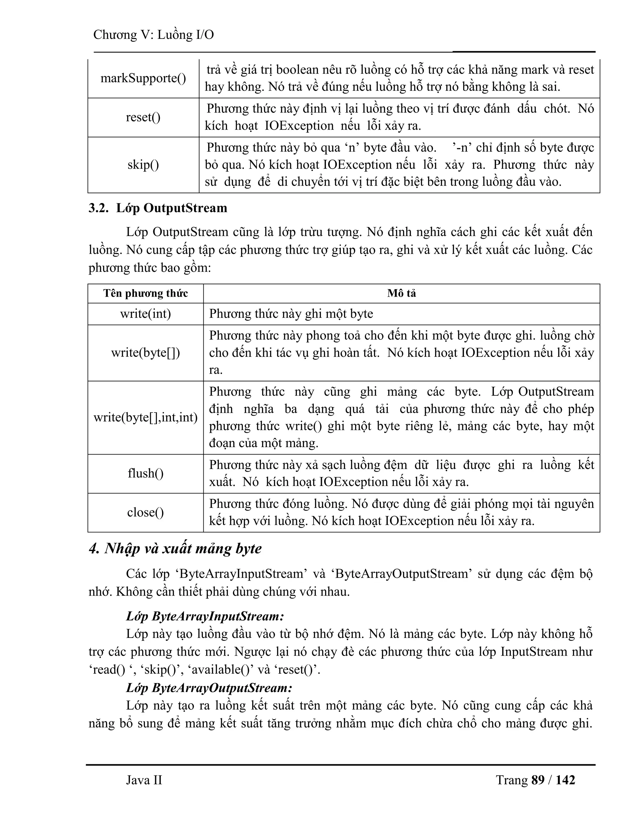 Java II Trang 89 / 142
Chƣơng V: Luồng I/O
markSupporte()
trả về giá trị boolean nêu rõ luồng có hỗ trợ các khả năng mark và reset
hay không. Nó trả về đúng nếu luồng hỗ trợ nó bằng không là sai.
reset()
Phƣơng thức này định vị lại luồng theo vị trí đƣợc đánh dấu chót. Nó
kích hoạt IOException nếu lỗi xảy ra.
skip()
Phƣơng thức này bỏ qua „n‟ byte đầu vào. ‟-n‟ chỉ định số byte đƣợc
bỏ qua. Nó kích hoạt IOException nếu lỗi xảy ra. Phƣơng thức này
sử dụng để di chuyển tới vị trí đặc biệt bên trong luồng đầu vào.
3.2. Lớp OutputStream
Lớp OutputStream cũng là lớp trừu tƣợng. Nó định nghĩa cách ghi các kết xuất đến
luồng. Nó cung cấp tập các phƣơng thức trợ giúp tạo ra, ghi và xử lý kết xuất các luồng. Các
phƣơng thức bao gồm:
Tên phƣơng thức Mô tả
write(int) Phƣơng thức này ghi một byte
write(byte[])
Phƣơng thức này phong toả cho đến khi một byte đƣợc ghi. luồng chờ
cho đến khi tác vụ ghi hoàn tất. Nó kích hoạt IOException nếu lỗi xảy
ra.
write(byte[],int,int)
Phƣơng thức này cũng ghi mảng các byte. Lớp OutputStream
định nghĩa ba dạng quá tải của phƣơng thức này để cho phép
phƣơng thức write() ghi một byte riêng lẻ, mảng các byte, hay một
đoạn của một mảng.
flush()
Phƣơng thức này xả sạch luồng đệm dữ liệu đƣợc ghi ra luồng kết
xuất. Nó kích hoạt IOException nếu lỗi xảy ra.
close()
Phƣơng thức đóng luồng. Nó đƣợc dùng để giải phóng mọi tài nguyên
kết hợp với luồng. Nó kích hoạt IOException nếu lỗi xảy ra.
4. Nhập và xuất mảng byte
Các lớp „ByteArrayInputStream‟ và „ByteArrayOutputStream‟ sử dụng các đệm bộ
nhớ. Không cần thiết phải dùng chúng với nhau.
Lớp ByteArrayInputStream:
Lớp này tạo luồng đầu vào từ bộ nhớ đệm. Nó là mảng các byte. Lớp này không hỗ
trợ các phƣơng thức mới. Ngƣợc lại nó chạy đè các phƣơng thức của lớp InputStream nhƣ
„read() „, „skip()‟, „available()‟ và „reset()‟.
Lớp ByteArrayOutputStream:
Lớp này tạo ra luồng kết suất trên một mảng các byte. Nó cũng cung cấp các khả
năng bổ sung để mảng kết suất tăng trƣởng nhằm mục đích chừa chổ cho mảng đƣợc ghi.
 