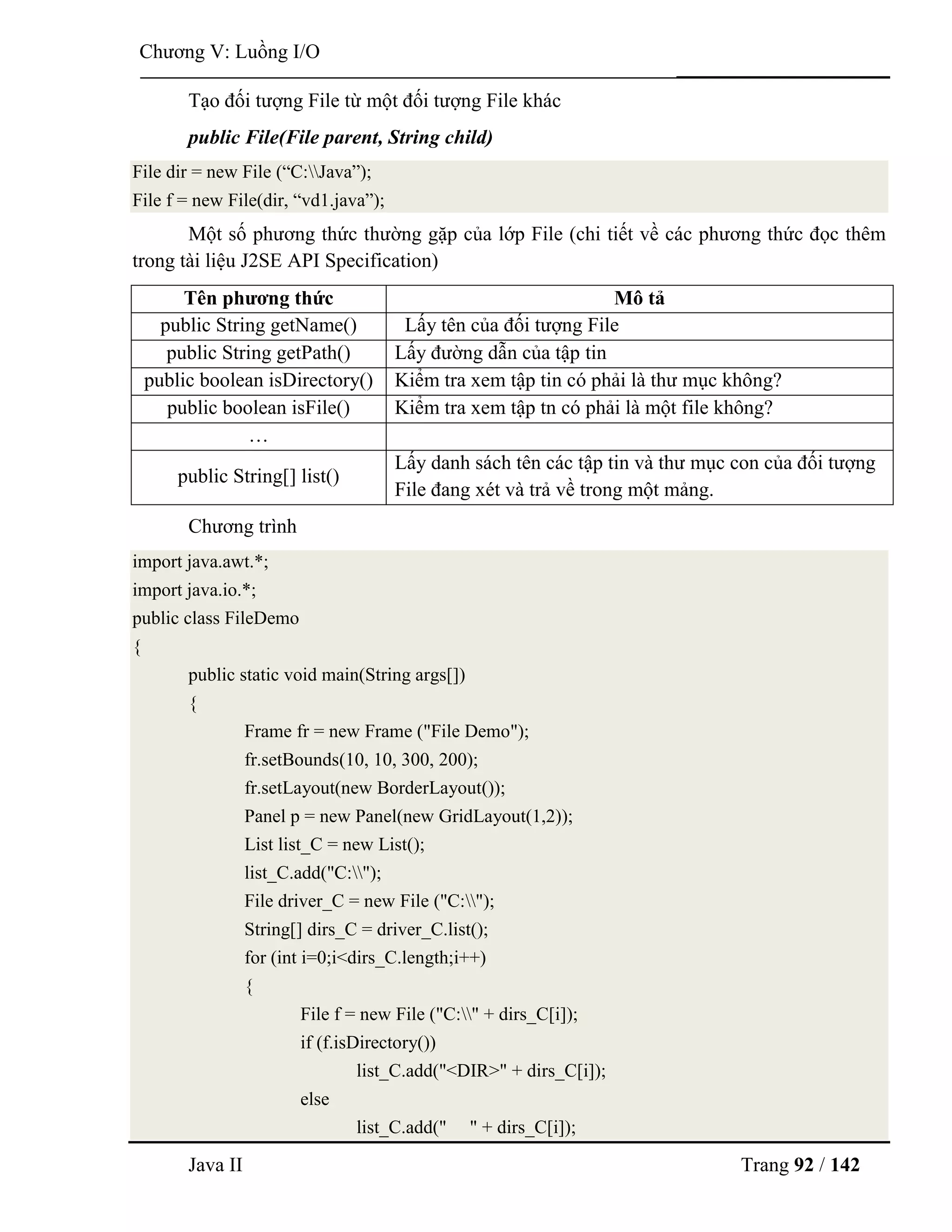 Java II Trang 92 / 142
Chƣơng V: Luồng I/O
Tạo đối tƣợng File từ một đối tƣợng File khác
public File(File parent, String child)
File dir = new File (“C:Java”);
File f = new File(dir, “vd1.java”);
Một số phƣơng thức thƣờng gặp của lớp File (chi tiết về các phƣơng thức đọc thêm
trong tài liệu J2SE API Specification)
Tên phƣơng thức Mô tả
public String getName() Lấy tên của đối tƣợng File
public String getPath() Lấy đƣờng dẫn của tập tin
public boolean isDirectory() Kiểm tra xem tập tin có phải là thƣ mục không?
public boolean isFile() Kiểm tra xem tập tn có phải là một file không?
…
public String[] list()
Lấy danh sách tên các tập tin và thƣ mục con của đối tƣợng
File đang xét và trả về trong một mảng.
Chƣơng trình
import java.awt.*;
import java.io.*;
public class FileDemo
{
public static void main(String args[])
{
Frame fr = new Frame ("File Demo");
fr.setBounds(10, 10, 300, 200);
fr.setLayout(new BorderLayout());
Panel p = new Panel(new GridLayout(1,2));
List list_C = new List();
list_C.add("C:");
File driver_C = new File ("C:");
String[] dirs_C = driver_C.list();
for (int i=0;i<dirs_C.length;i++)
{
File f = new File ("C:" + dirs_C[i]);
if (f.isDirectory())
list_C.add("<DIR>" + dirs_C[i]);
else
list_C.add(" " + dirs_C[i]);
 