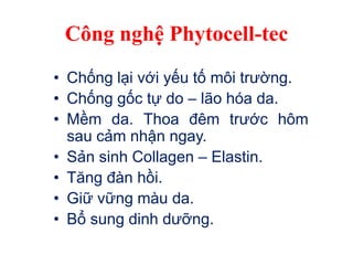 Công nghệ Phytocell-tec
• Chống lại với yếu tố môi trường.
• Chống gốc tự do – lão hóa da.
• Mềm da. Thoa đêm trước hôm
sau cảm nhận ngay.
• Sản sinh Collagen – Elastin.
• Tăng đàn hồi.
• Giữ vững màu da.
• Bổ sung dinh dưỡng.
 