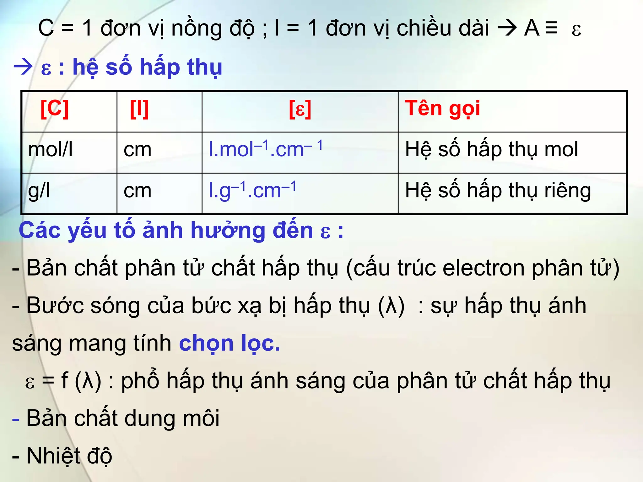 C = 1 đơn vị nồng độ ; l = 1 đơn vị chiều dài  A ≡ 
  : hệ số hấp thụ
Các yếu tố ảnh hưởng đến  :
- Bản chất phân tử chất hấp thụ (cấu trúc electron phân tử)
- Bước sóng của bức xạ bị hấp thụ (λ) : sự hấp thụ ánh
sáng mang tính chọn lọc.
 = f (λ) : phổ hấp thụ ánh sáng của phân tử chất hấp thụ
- Bản chất dung môi
- Nhiệt độ
[C] [l] [] Tên gọi
mol/l cm l.mol–1.cm– 1 Hệ số hấp thụ mol
g/l cm l.g–1.cm–1 Hệ số hấp thụ riêng
 