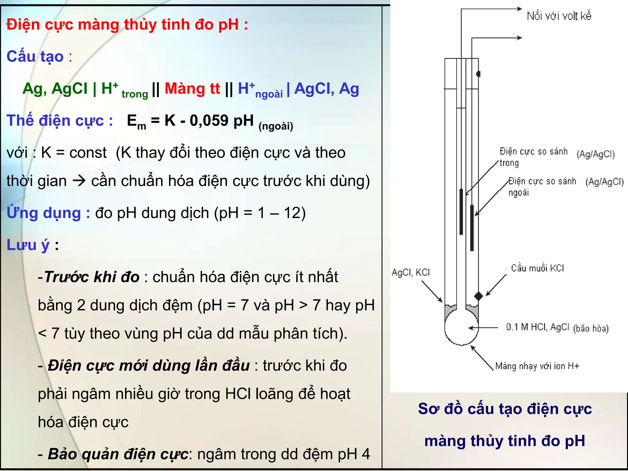 Điện cực màng thủy tinh đo pH :
Cấu tạo :
Ag, AgCl | H+
trong || Màng tt || H+
ngoài | AgCl, Ag
Thế điện cực : Em = K - 0,059 pH (ngoài)
với : K = const (K thay đổi theo điện cực và theo
thời gian  cần chuẩn hóa điện cực trước khi dùng)
Ứng dụng : đo pH dung dịch (pH = 1 – 12)
Lưu ý :
-Trước khi đo : chuẩn hóa điện cực ít nhất
bằng 2 dung dịch đệm (pH = 7 và pH > 7 hay pH
< 7 tùy theo vùng pH của dd mẫu phân tích).
- Điện cực mới dùng lần đầu : trước khi đo
phải ngâm nhiều giờ trong HCl loãng để hoạt
hóa điện cực
- Bảo quản điện cực: ngâm trong dd đệm pH 4
Sơ đồ cấu tạo điện cực
màng thủy tinh đo pH
 