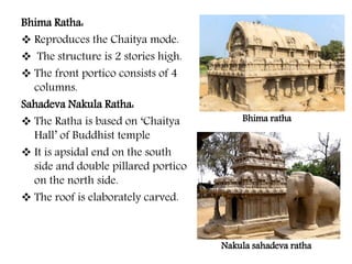 Bhima Ratha:
 Reproduces the Chaitya mode.
 The structure is 2 stories high.
 The front portico consists of 4
columns.
Sahadeva Nakula Ratha:
 The Ratha is based on ‘Chaitya
Hall’ of Buddhist temple
 It is apsidal end on the south
side and double pillared portico
on the north side.
 The roof is elaborately carved.
Bhima ratha
Nakula sahadeva ratha
 