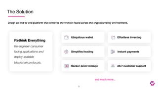 Rethink Everything
Re-engineer consumer
facing applications and
deploy scalable
blockchain protocols.
The Solution
Design an end-to-end platform that removes the friction found across the cryptocurrency environment.
and much more…
Ubiquitous wallet
Instant payments
Eﬀortless investing
Simpliﬁed trading
24/7 customer supportHacker-proof storage
5
 