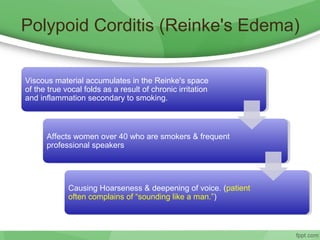 Polypoid Corditis (Reinke's Edema)
Viscous material accumulates in the Reinke's space
of the true vocal folds as a result of chronic irritation
and inflammation secondary to smoking.
Affects women over 40 who are smokers & frequent
professional speakers
Causing Hoarseness & deepening of voice. (patient
often complains of “sounding like a man.”)
 