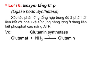 * Lo¹i 6: Enzym tæng hîp
   (Ligase hoÆc Synthetase)
    Xóc t¸c phản øng tæng hîp trong ®ã 2 ph©n tö
liên kÕt víi nhau vµ sö dông năng lîng ë d¹ng liên
kÕt phosphat cao năng ATP.
Vd:         Glutamin synthetase
   Glutamat + NH3         Glutamin
 