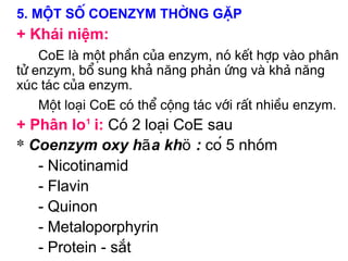 5. Mét sè coenzym thêng gÆp
+ Khái niệm:
    CoE lµ mét phÇn cña enzym, nã kÕt hîp vµo ph©n
tö enzym, bæ sung kh¶ năng phản øng vµ khả năng
xóc t¸c cña enzym.
    Mét lo¹i CoE cã thÓ céng t¸c víi rÊt nhiÒu enzym.
+ Ph©n lo¹i: Cã 2 lo¹i CoE sau
* Coenzym oxy hãa khö : có 5 nhãm
   - Nicotinamid
   - Flavin
   - Quinon
   - Metaloporphyrin
   - Protein - s¾t
 