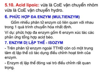 5.10. Acid lipoic: võa lµ CoE vËn chuyÓn nhãm
võa lµ CoE vËn chuyÓn hydro.
6. Phøc hîp ®a enzym (multienzym)
    Gåm nhiÒu ph©n tö enzym cã liªn quan víi nhau
trong 1 qu¸ trình chuyÓn hãa nhÊt ®Þnh.
Ví dụ: phøc hîp ®a enzym gåm 6 enzym xóc t¸c c¸c
ph¶n øng tæng hîp acid bÐo.
7. Enzym dÞ lËp thÓ - isozym
- Trªn ph©n tö enzym ngoµi TTHĐ cßn cã mét trung
t©m dÞ lËp thÓ cã t¸c dông ®iÒu chØnh ho¹t tÝnh cña
enzym.
- Enzym dÞ lËp thÓ ®ãng vai trß ®iÒu chØnh rÊt quan
träng.
 