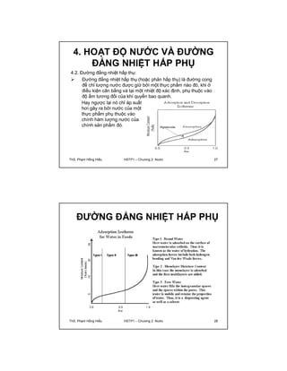 4. HOẠT ĐỘ NƯỚC VÀ ĐƯỜNG 
ĐẲNG NHIỆT HẤP PHỤ 
4.2. Đường đẳng nhiệt hấp thụ: 
 Đường đẳng nhiệt hấp thụ (hoặc phản hấp thụ) là đường cong 
để chỉ lượng nước được giữ bởi một thực phẩm nào đó, khi ở 
điều kiện cân bằng và tại một nhiệt độ xác định, phụ thuộc vào 
độ ẩm tương đối của khí quyển bao quanh. 
Hay ngược lại nó chỉ áp suất 
hơi gây ra bởi nước của một 
thực phẩm phụ thuộc vào 
chính hàm lượng nước của 
chính sản phẩm đó. 
ThS. Phạm Hồng Hiếu HSTP1 – Chương 2: Nước 27 
ĐƯỜNG ĐẲNG NHIỆT HẤP PHỤ 
ThS. Phạm Hồng Hiếu HSTP1 – Chương 2: Nước 28 
 