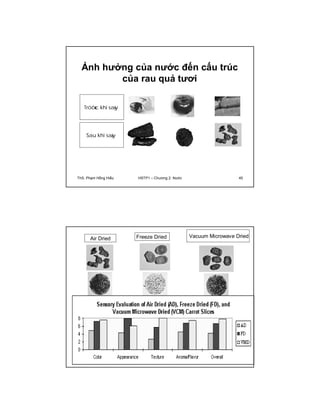 Ảnh hưởng của nước đến cấu trúc 
của rau quả tươi 
Tröôùc khi saáy 
Sau khi saáy 
ThS. Phạm Hồng Hiếu HSTP1 – Chương 2: Nước 45 
Air Dried Freeze Dried Vacuum Microwave Dried 
ThS. Phạm Hồng Hiếu HSTP1 – Chương 2: Nước 46 
 