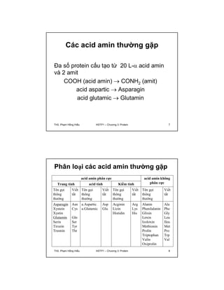Các acid amin thường gặp 
Đa số protein cấu tạo từ 20 L- acid amin 
và 2 amit 
COOH (acid amin)  CONH2 (amit) 
acid aspartic  Asparagin 
acid glutamic  Glutamin 
ThS. Phạm Hồng Hiếu HSTP1 – Chương 3: Protein 7 
Phân loại các acid amin thường gặp 
acid amin phân cực acid amin không 
Trung tính acid tính Kiềm tính phân cực 
Tên gọi 
Viết 
Tên gọi 
Viết 
Tên gọi 
Viết 
Tên gọi 
thông 
tắt 
thông 
tắt 
thông 
tắt 
thông 
thường 
thường 
thường 
thường 
Viết 
tắt 
Asparagin 
Xystein 
Xystin 
Glutamin 
Serin 
Tirozin 
Treonin 
Asn 
Cys 
Gln 
Ser 
Tyr 
Thr 
a.Aspartic 
a.Glutamic 
Asp 
Glu 
Acginin 
Lizin 
Histidin 
Arg 
Lys 
His 
Alanin 
Phenilalanin 
Glixin 
Lơxin 
Izolơxin 
Methionin 
Prolin 
Triptophan 
Valin 
Oxiprolin 
Ala 
Phe 
Gly 
Leu 
Ileu 
Met 
Pro 
Trp 
Val 
ThS. Phạm Hồng Hiếu HSTP1 – Chương 3: Protein 8 
 