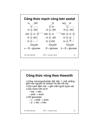 Công thức mạch vòng bán axetal 
HO H 
C 
H C OH 
HO C H 
C H OH 
H C 
O 
CH2OH 
 – D – glucose 
H OH 
C 
H C OH 
HO C H 
H C OH 
H C 
O 
CH2OH 
 – D – glucose 
H 
H C OH 
HO 
O 
C 
C H 
H C OH 
H C 
OH 
CH2OH 
D – glucose 
ThS. Phạm Hồng Hiếu HSTP1 – Chương 4: Glucid 19 
Công thức vòng theo Haworth 
Vòng monosaccharide đặt trên 1 mặt phẳng 
gồm các nguyên tử cacbon và cầu nối oxy 
Các cạnh đậm nét  gần mắt người quan sát 
Các nhóm OH và H: 
– trái  trên 
– phải  dưới 
OH glucoside: 
–   phải  dưới 
–   trái  trên 
ThS. Phạm Hồng Hiếu HSTP1 – Chương 4: Glucid 20 
 