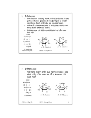  D-Galactose 
– D-Galactose có trong thành phần của lactose và các 
polysaccharide galactan thực vật. Ngoài ra nó còn 
nằm trong thành phần cấu tạo của agar-agar. 
– Dẫn xuất của D-Galactose là acid galacturonic nằm 
trong thành phần của pectin. 
– D-Galactose chỉ bị lên men bởi các loại nấm men 
đặc biệt. 
ThS. Phạm Hồng Hiếu HSTP1 – Chương 4: Glucid 35 
 D-Mannose: 
– Có trong thành phần của hemicellulose, các 
chất nhầy. Các manose dễ bị lên men bởi 
nấm men 
ThS. Phạm Hồng Hiếu HSTP1 – Chương 4: Glucid 36 
 