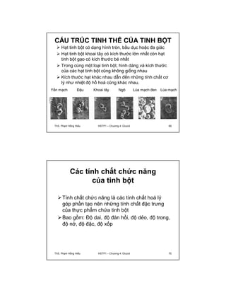 CẤU TRÚC TINH THỂ CỦA TINH BỘT 
 Hạt tinh bột có dạng hình tròn, bầu dục hoặc đa giác 
 Hạt tinh bột khoai tây có kích thước lớn nhất còn hạt 
tinh bột gạo có kích thước bé nhất 
 Trong cùng một loại tinh bột, hình dáng và kích thước 
của các hạt tinh bột cũng không giống nhau 
 Kích thước hạt khác nhau dẫn đến những tính chất cơ 
lý như nhiệt độ hồ hoá cũng khác nhau. 
Yến mạch Đậu Khoai tây Ngô Lúa mạch đen Lúa mạch 
ThS. Phạm Hồng Hiếu HSTP1 – Chương 4: Glucid 69 
Các tính chất chức năng 
của tinh bột 
Tính chất chức năng là các tính chất hoá lý 
góp phần tạo nên những tính chất đặc trưng 
của thực phẩm chứa tinh bột 
Bao gồm: Độ dai, độ đàn hồi, độ dẻo, độ trong, 
độ nở, độ đặc, độ xốp 
ThS. Phạm Hồng Hiếu HSTP1 – Chương 4: Glucid 70 
 