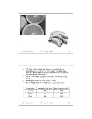 ThS. Phạm Hồng Hiếu HSTP1 – Chương 4: Glucid 99 
 Thí dụ: ở chuối, chuối là loại quả điển hình về hàm lượng 
đường tăng lên và hàm lượng tinh bột giảm xuống trong quá 
trình chín. Nhiệt độ bảo quản càng thấp thì sự chuyển hoá tinh 
bột thành đường càng giảm đi. 
 Chuối xanh có hàm lượng tinh bột là 20%, hàm lượng đường 
là 1% 
 Nhiệt độ thích hợp cho chuối chín là 12-220C 
 Nếu nhiệt độ 250C thì hoạt động của enzym giảm xuống 
To bảo quản Hàm lượng tinh bột % Hàm lượng đường % 
12-14oC 6,5 16,4 
16-18oC 2,5 18,5 
18-20 2,2 20,3 
ThS. Phạm Hồng Hiếu HSTP1 – Chương 4: Glucid 100 
 