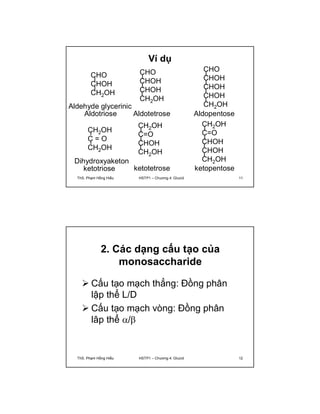 CHO 
CHOH 
CH2OH 
Aldehyde glycerinic 
Aldotriose Aldotetrose 
CH2OH 
C = O 
CH2OH 
Dihydroxyaketon 
Ví dụ 
CHO 
CHOH 
CHOH 
CH2OH 
CH2OH 
C=O 
CHOH 
CH2OH 
ketotriose ketotetrose 
CHO 
CHOH 
CHOH 
CHOH 
CH2OH 
CH2OH 
C=O 
CHOH 
CHOH 
CH2OH 
Aldopentose 
ketopentose 
ThS. Phạm Hồng Hiếu HSTP1 – Chương 4: Glucid 11 
2. Các dạng cấu tạo của 
monosaccharide 
 Cấu tạo mạch thẳng: Đồng phân 
lập thể L/D 
 Cấu tạo mạch vòng: Đồng phân 
lâp thể / 
ThS. Phạm Hồng Hiếu HSTP1 – Chương 4: Glucid 12 
 