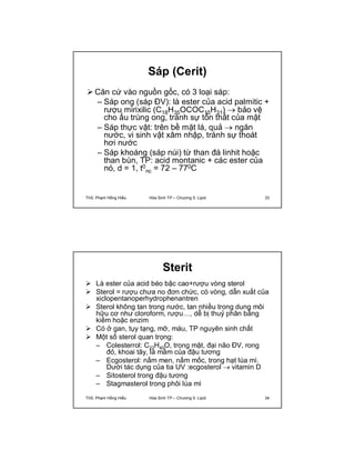 Sáp (Cerit) 
Căn cứ vào nguồn gốc, có 3 loại sáp: 
– Sáp ong (sáp ĐV): là ester của acid palmitic + 
rượu mirixilic (C18H35OCOC15H31)  bảo vệ 
cho ấu trùng ong, tránh sự tổn thất của mật 
– Sáp thực vật: trên bề mặt lá, quả  ngăn 
nước, vi sinh vật xâm nhập, tránh sự thoát 
hơi nước 
– Sáp khoáng (sáp núi) từ than đá linhit hoặc 
than bùn, TP: acid montanic + các ester của 
nó, d = 1, t0 
nc = 72 – 770C 
ThS. Phạm Hồng Hiếu Hóa Sinh TP – Chương 5: Lipid 33 
Sterit 
 Là ester của acid béo bậc cao+rượu vòng sterol 
 Sterol = rượu chưa no đơn chức, có vòng, dẫn xuất của 
xiclopentanoperhydrophenantren 
 Sterol không tan trong nước, tan nhiều trong dung môi 
hữu cơ như cloroform, rượu…, dễ bị thuỷ phân bằng 
kiềm hoặc enzim 
 Có ở gan, tụy tạng, mỡ, máu, TP nguyên sinh chất 
 Một số sterol quan trọng: 
– Colesterrol: C22H40O, trong mật, đại não ĐV, rong 
đỏ, khoai tây, lá mầm của đậu tương 
– Ecgosterol: nấm men, nấm mốc, trong hạt lúa mì. 
Dưới tác dụng của tia UV :ecgosterol  vitamin D 
– Sitosterol trong đậu tương 
– Stagmasterol trong phôi lúa mì 
ThS. Phạm Hồng Hiếu Hóa Sinh TP – Chương 5: Lipid 34 
 