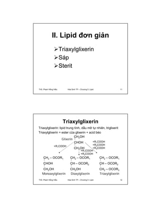 II. Lipid đơn giản 
Triaxylglixerin 
Sáp 
Sterit 
ThS. Phạm Hồng Hiếu Hóa Sinh TP – Chương 5: Lipid 11 
Triaxylglixerin 
Triaxylglixerin: lipid trung tính, dầu mỡ tự nhiên, triglixerit 
Triaxylglixerin = ester của glixerin + acid béo 
Glixerin 
+R1COOH 
CH2 – OCOR1 
CHOH 
CH2OH 
Monoaxylglixerin 
CH2OH 
CHOH 
CH2OH 
+R1COOH 
+R2COOH 
+R3COOH 
+R1COOH 
+R2COOH 
CH2 – OCOR1 
CH – OCOR2 
CH2OH 
Diaxylglixerin 
CH2 – OCOR1 
CH – OCOR2 
CH2 – OCOR3 
Triaxylglixerin 
ThS. Phạm Hồng Hiếu Hóa Sinh TP – Chương 5: Lipid 12 
 