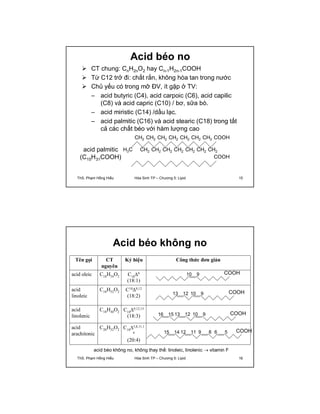 Acid béo no 
 CT chung: CnH2nO2 hay Cn-1H2n-1COOH 
 Từ C12 trở đi: chất rắn, không hòa tan trong nước 
 Chủ yếu có trong mỡ ĐV, ít gặp ở TV: 
– acid butyric (C4), acid carpoic (C6), acid capilic 
(C8) và acid capric (C10) / bơ, sữa bò. 
– acid miristic (C14) /dầu lạc. 
– acid palmitic (C16) và acid stearic (C18) trong tất 
cả các chất béo với hàm lượng cao 
H3C 
CH2 
CH2 
CH2 
CH2 
CH2 
CH2 
CH2 
CH2 
CH2 
CH2 
CH2 
CH2 
CH2 
CH2 
COOH 
COOH 
acid palmitic 
(C15H31COOH) 
ThS. Phạm Hồng Hiếu Hóa Sinh TP – Chương 5: Lipid 15 
Acid béo không no 
Tên gọi CT 
nguyên 
Ký hiệu Công thức đơn giản 
acid oleic C18H34O2 C189 
(18:1) 
acid 
linoleic 
C18H32O2 C189,12 
(18:2) 
acid 
linolenic 
C18H30O2 C189,12,15 
(18:3) 
acid 
arachitonic 
C20H32O2 C185,8,11,1 
4 
(20:4) 
10 9 COOH 
13 12 10 9 COOH 
16 15 13 12 10 9 COOH 
15 14 12 11 9 8 6 5 COOH 
acid béo không no, không thay thế: linoleic, linolenic  vitamin F 
ThS. Phạm Hồng Hiếu Hóa Sinh TP – Chương 5: Lipid 16 
 