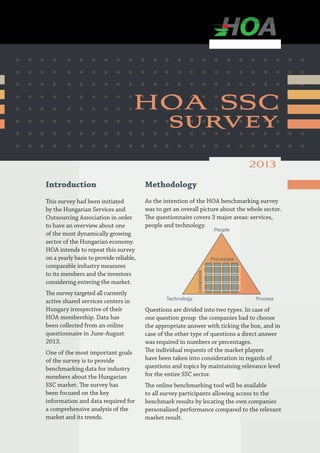 hoa ssc
survey
2013
Introduction

Methodology

This survey had been initiated
by the Hungarian Services and
Outsourcing Association in order
to have an overview about one
of the most dynamically growing
sector of the Hungarian economy.
HOA intends to repeat this survey
on a yearly basis to provide reliable,
comparable industry measures
to its members and the investors
considering entering the market.

As the intention of the HOA benchmarking survey
was to get an overall picture about the whole sector.
The questionnaire covers 3 major areas: services,
people and technology.

One of the most important goals
of the survey is to provide
benchmarking data for industry
members about the Hungarian
SSC market. The survey has
been focused on the key
information and data required for
a comprehensive analysis of the
market and its trends.

Processes
Locations

The survey targeted all currently
active shared services centers in
Hungary irrespective of their
HOA membership. Data has
been collected from an online
questionnaire in June-August
2013.

People

Technology

Process

Questions are divided into two types. In case of
one question group the companies had to choose
the appropriate answer with ticking the box, and in
case of the other type of questions a direct answer
was required in numbers or percentages.
The individual requests of the market players
have been taken into consideration in regards of
questions and topics by maintaining relevance level
for the entire SSC sector.
The online benchmarking tool will be available
to all survey participants allowing access to the
benchmark results by locating the own companies
personalized performance compared to the relevant
market result.

 