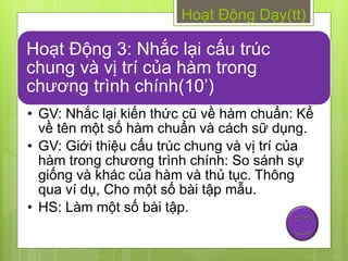 Hoạt Động Dạy(tt)

Hoạt Động 3: Nhắc lại cấu trúc
chung và vị trí của hàm trong
chƣơng trình chính(10’)
• GV: Nhắc lại kiến thức cũ về hàm chuẩn: Kể
  về tên một số hàm chuẩn và cách sữ dụng.
• GV: Giới thiệu cấu trúc chung và vị trí của
  hàm trong chƣơng trình chính: So sánh sự
  giống và khác của hàm và thủ tục. Thông
  qua ví dụ, Cho một số bài tập mẫu.
• HS: Làm một số bài tập.
 