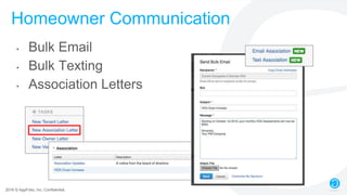 2016 © AppFolio, Inc. Confidential.
Homeowner Communication
• Bulk Email
• Bulk Texting
• Association Letters
 
