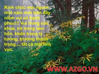 Kính chúc mọi người một năm mới tràn đầy niềm vui và hạnh phúc!!! Vui trong sức khoẻ, trẻ trong tâm hồn, khôn trong lý tưởng, trưởng thành trong.... tất cả mọi lĩnh vực.WWW.AZGO.VN