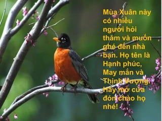 Mùa Xuân này có nhiều người hỏi thăm và muốn ghé đến nhà bạn. Họ tên là Hạnh phúc, May mắn và Thịnh Vượng. Hãy mở cửa đón chào họ nhé!