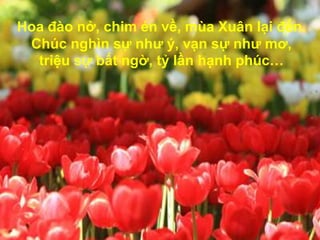 Hoa đào nở, chim én về, mùa Xuân lại đến. Chúc nghìn sự như ý, vạn sự như mơ, triệu sự bất ngờ, tỷ lần hạnh phúc…