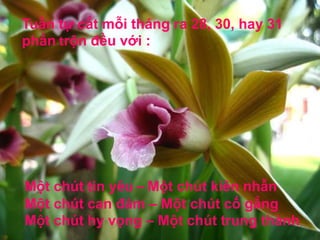 Tuần tự cắt mỗi tháng ra 28, 30, hay 31 phần trộn đều với :Một chút tin yêu–Một chút kiên nhẫn  Một chút can đảm – Một chút cố gắng Một chút hy vọng – Một chút trung thành