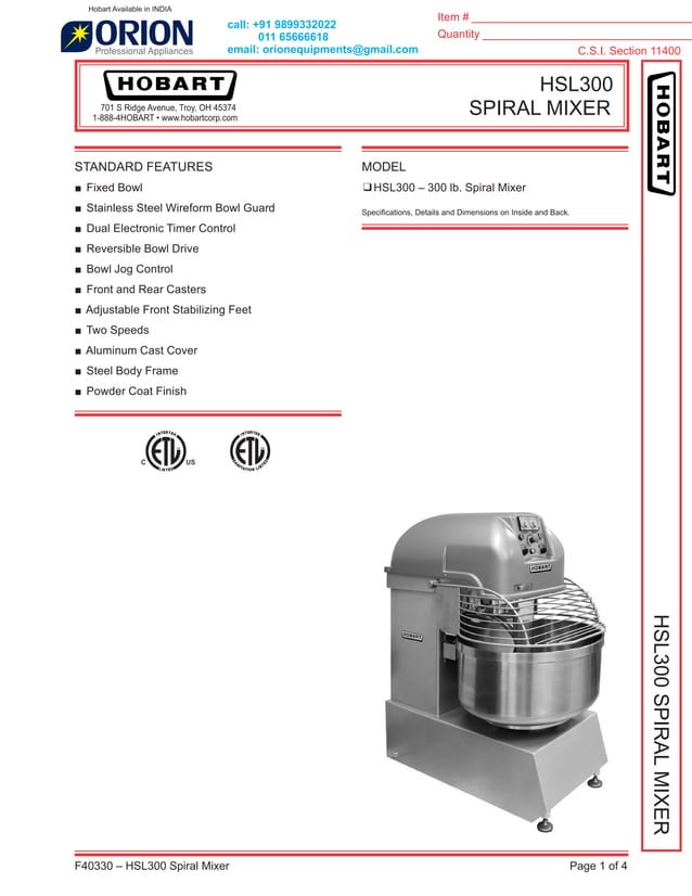 spiral mixer price Hobart HSL300 PDF