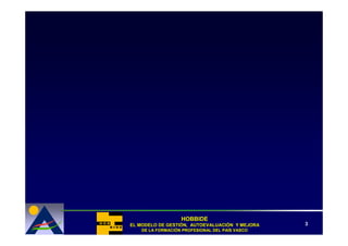 HOBBIDE
EL MODELO DE GESTIÓN, AUTOEVALUACIÓN Y MEJORA
             GESTIÓ   AUTOEVALUACIÓ              3
    DE LA FORMACIÓN PROFESIONAL DEL PAÍS VASCO
          FORMACIÓ                  PAÍ
 