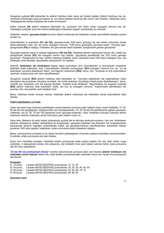 Hirugarren aukerak (I3) adierazten du alderdi indartsua dela, baina zer hobetu badela. Alderdi indartsua hau da:
"zentroak metodologia argia eta logikoa du, eta interes-taldeen beharrak ditu oinarri" arlo horietan. Hobetzeko arloa:
"estrategiak eta planak sustatzea eta horiek lerrokatzea".

Azken aukerak (I4) alderdi indartsua adierazten du; puntuazio hori duten arloen ezaugarri komuna hau da:
"estrategia sustatzen duen eta interes-taldeengana bideratuta dagoen metodologia du zentroak".

Hobbidek, halaber, gauzatze-mailari buruzko alderdi indartsuak eta hobetzeko arloak automatikoki idazteko aukera
ematen du.

Lehendabiziko bi aukeretan (G1 eta G2), gauzatze-maila %50 baino gutxiago da, eta hobetu beharreko arloak
direla adierazten dute; hau da horien ezaugarri komuna: "%50 baino gutxiagoko gauzatze-maila". Horrezaz gain,
plangintzarik (P2) ez balego, hobetzeko arlo gisa erantsi behar litzateke "plangintzarik gabeko gauzatzea".

Gauzatze-mailaren azken bi aukerei dagokienez (G3 eta G4), Hobbidek alderdi indartsutzat hartzen ditu, baldin eta
plangintzarik badute (P2) eta ezaugarri komun hau badute: "gauzatzea planifikatuta eta %50 baino gehiago
gauzatuta". Plangintzarik ez balu, alderdi indartsua litzateke, baina "gauzatze-maila %50 baino txikiagoa" luke, eta
hobetzeko arloa litzateke "gauzatzeko plangintzarik" ez duelako.

Azkenik, ebaluazioa eta ikuskapena etapaz etapa puntuatzen dira; lehendabiziko bi puntuazioek hobetzeko
alderdiak direla adierazten dute. Lehendabiziko aukerako puntuazioen (IK1) ezaugarri komuna hau da: "ez da
ebaluatzen neurketa objektiboen bidez", eta bigarren aukerarena (IK2), berriz, hau: "emaitzak ez dira sistematikoki
aztertzen, hobekuntzak zein diren identifikatzeko".

Hirugarren aukerak (IK3) alderdi indartsua dela adierazten du, "neurketa objektiboen eta sistematikoen bidez
ebaluatzen eta ikuskatzen dituelako emaitzak, eta horiek aztertzen dituztelako hobekuntzak identifikatzeko", baina,
oraindik ere, hobetzeko arlo bat egongo litzateke: "praktika onak hedatzea". Begi-bistakoa da laugarren aukerak
(IK4) alderdi indartsua dela adierazten duela, eta hau du ezaugarri komuna: "hobekuntzak planifikatzen eta
ezartzen dira, eta praktika onak hedatzen dira".

Beraz, baldintza horiek kontuan hartuta, Hobbidek alderdi indartsuak eta hobetzeko arloak automatikoki idatz
ditzake.

PUNTUAZIOEKIKO LOTURA

Lehen ere esan dugu ebaluazio-galdetegiko aukera bakoitza puntuazio jakin batekin lotzen duela Hobbidek; 10, 40,
65 eta 90 dira ikuspegirako, ebaluaziorako zein ikuskapenerako; 10, 35, 60 eta 80 planifikaziorik gabeko gauzatze-
mailarako; eta 20, 50, 75 eta 100 plangintza duen gauzatze-mailarako. Hala, Hobbidek puntuazio bakoitza alderdi
indartsuko eta/edo hobetzeko arloko formulazio jakin batekin lotzen du.

Dena dela, litekeena da talde bateko ebaluatzaile guztiak bat ez etortzea ebaluazio-aukeran. Izan ere, Hobbideren
ereduan adostasuna izateko nahitaezkoa da ikuspegirako, gauzatze-mailarako eta ebaluazio eta ikuskapenerako
puntuazioak elkarren segidako aukeretakoak izatea, eta gauzatze-mailaren planifikazioaren aukeretako batean
gutxienez %60 ados egotea; halakoetan, azken puntuazioa batez bestekoari dagokio.

Beraz, puntuazioaren emaitzak ez du zertan bat etorri galdetegiaren oinarrizko aukerari emandako puntuazioarekin;
bi aukeren arteko puntuazioa ere izan daiteke.

Arazo horri irtenbidea emateko, Hobbidek tarteko puntuazioak beste aukera batekin lotu ditu. Bien arteko muga
ezartzeko, 5 ebaluatzaile hartzen dira abiapuntu, eta horietatik hiruk lauki batean adierazi behar dute puntuazioa
eta bik haren segidakoan.

“AI eta HA eta puntuazioak ofiziala” izeneko dokumentuak puntuazio jakin bati lotutako alderdi indartsuen eta
hobetzeko arloen testuak biltzen ditu, baita tarteko puntuazioarekiko ezarritako lotura ere; hauek dira puntuazioak
eta loturak:

Ikuspegia
I1: 10 puntu.   Lotutako BATEZ BESTEKO puntuazioak: 10, 15, 20
I2: 40 puntu.   Lotutako BATEZ BESTEKO puntuazioak: 25, 30, 35, 40, 45, 50
I3: 65 puntu.   Lotutako BATEZ BESTEKO puntuazioak: 55, 60, 65, 70, 75
I4: 90 puntu.   Lotutako BATEZ BESTEKO puntuazioak: 80, 85, 90

Gauzatze-maila
                                                                                                                    41
 