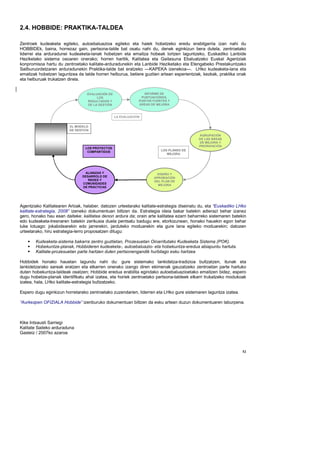 2.4. HOBBIDE: PRAKTIKA-TALDEA

Zentroek kudeaketa egiteko, autoebaluazioa egiteko eta haiek hobetzeko eredu erabilgarria izan nahi du
HOBBIDEk, baina, horrezaz gain, pertsona-talde bat osatu nahi du, denek eginkizun bera dutela, zentroetako
liderrei eta arduradunei kudeaketa-lanak hobetzen eta emaitza hobeak lortzen laguntzeko, Euskadiko Lanbide
Heziketako sistema osoaren onerako; horren haritik, Kalitatea eta Gaitasuna Ebaluatzeko Euskal Agentziak
konpromisoa hartu du zentroetako kalitate-arduradunekin eta Lanbide Heziketako eta Etengabeko Prestakuntzako
Sailburuordetzaren arduradunekin Praktika-talde bat eratzeko —KAPEKA izenekoa—. LHko kudeaketa-lana eta
emaitzak hobetzen laguntzea da talde horren helburua, betiere guztien artean esperientziak, kezkak, praktika onak
eta helburuak trukatzen direla.


                                  EVALUACIÓN DE                   INFORME DE
                                       LOS                      PUNTUACIÓNES,
                                  RESULTADOS Y                 PUNTOS FUERTES Y
                                  DE LA GESTIÓN                ÁREAS DE MEJORA



                                                  LA EVALU ACIÓN


                        EL MOD ELO
                        DE GEST IÓN
                                                                                           ÁGRUPACIÓN
                                                                                           DE LAS ÁREAS
                                                                                           DE MEJORA Y
                                                                                           PRIORIZACIÓN
                                 LOS PROYECT OS
                                                                          LOS PLANES D E
                                  COMPARTIDOS
                                                                             MEJ OR A




                                ALIANZAS Y                             DISEÑO Y
                               DESARROLO DE                           APROBACIÓN
                                  REDES Y                             DEL PLAN DE
                               COMUNIDADES                              MEJORA
                               DE PRÁCTICAS




Agentziako Kalitatearen Arloak, halaber, datozen urteetarako kalitate-estrategia diseinatu du, eta “Euskadiko LHko
kalitate-estrategia, 2008” izeneko dokumentuan biltzen da. Estrategia ideia bakar batekin adierazi behar izanez
gero, honako hau esan daiteke: kalitatea denon ardura da; orain arte kalitatea ezarri beharreko sistemaren batekin
edo kudeaketa-tresnaren batekin zerikusia duela pentsatu badugu ere, etorkizunean, honako hauekin egon behar
luke lotuago: jokabidearekin edo jarrerekin, jarduteko moduarekin eta gure lana egiteko moduarekin; datozen
urteetarako, hiru estrategia-lerro proposatzen ditugu:

       Kudeaketa-sistema bakarra zentro guztietan, Prozesuetan Oinarritutako Kudeaketa Sistema (POK).
       Hobekuntza-planak, Hobbideren kudeaketa-, autoebaluazio- eta hobekuntza-eredua abiapuntu hartuta.
       Kalitate-prozesuetan parte hartzen duten pertsonengandik hurbilago esku hartzea

Hobbidek honako hauetan lagundu nahi du: gure sistemako lankidetza-tradizioa bultzatzen, itunak eta
lankidetzarako sareak eratzen eta elkarren onerako izango diren ekimenak gauzatzeko zentroetan parte hartuko
duten hobekuntza-taldeak osatzen; Hobbide eredua erabilita egindako autoebaluazioetako emaitzen bidez, espero
dugu hobetze-planak identifikatu ahal izatea, eta horiek zentroetako pertsona-taldeek elkarri trukatzeko modukoak
izatea, hala, LHko kalitate-estrategia bultzatzeko.

Espero dugu eginkizun horretarako zentroetako zuzendarien, liderren eta LHko gure sistemaren laguntza izatea.

“Aurkezpen OFIZIALA Hobbide” izenburuko dokumentuan biltzen da esku artean duzun dokumentuaren laburpena.



Kike Intxausti Sarriegi
Kalitate Saileko arduraduna
Gasteiz / 2007ko azaroa



                                                                                                                52
 