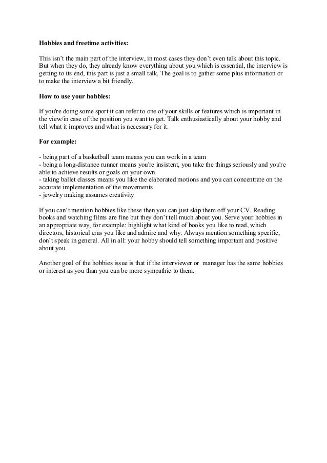 hobbies interview what does hobbies mean