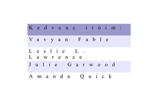 K e d v e n c     í r ó i m :

V a v y a n     F a b l e

L e s l i e   L .
L a w r e n c e
J u l i e   G a r w o o d

A m a n d a     Q u i c k
 