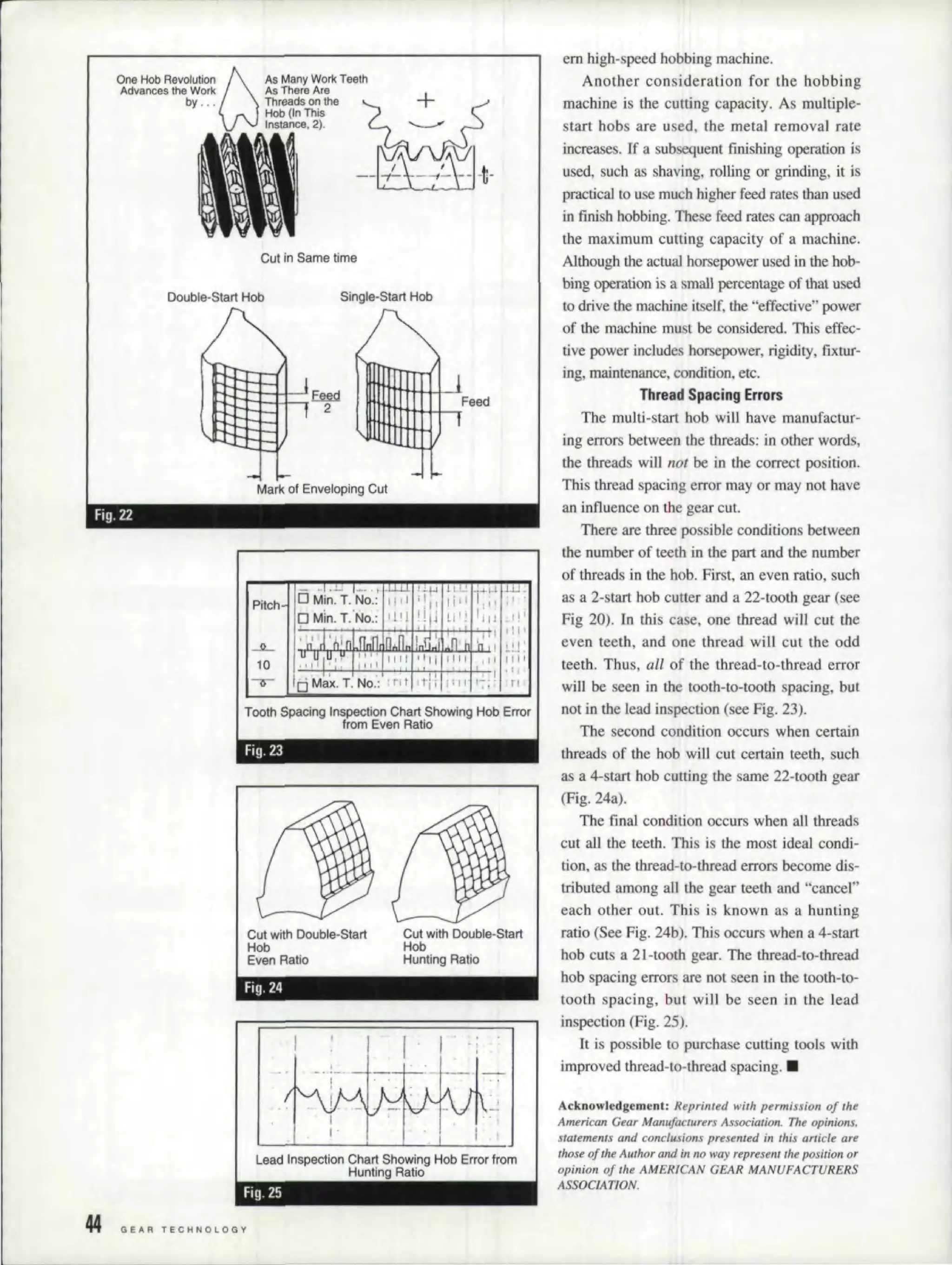 on. e HO.b Re..v.oru.tion. W. A.S .M.an
y
w.ork Teeth
Advances the Work As There Are
by . . . Threads on the .
• . Hob ('In This .
, . Instance, .2).
CuI in Same time
Double-Start Hob Single-Start Hob
Mark of Enveloping Cut
Fig. 22
Pitch
1
'-:;
f1
Tooth Spacing Inspection Chart Showing Hob Error
from Even Ratio -
Fig. 23
Cut with .Double-Start
Hob
Even ,Ratio
C1Jtwith Double-Start
Hob
Hunting Ratio
Fig. 24
I
· , . II
•• I
,
Lead Inspection Chart Showing: Hob Error from
Hunting Ratio
Fig. 25
GEAR TECHfoiOLOGY
em high-speed bobbing machine.
Another consideration for the bobbing
machine is the cutting capacity. As multiple-
start hobs are used, the metal removal rate
increases. If a subsequent finishing operation is
used, such as shaving. rolling or grinding, it is
practical to use much higher feed rates than used
in finish hobbing. These feed rates can approach
the maximum cutting capacity of a machine.
Although the actual horsepower used in the hob-
bing operation is a small percentage of that used
to drive the machine itself, the "effective" power
of the machine must be considered. This effec-
tive power includes horsepower, rigidity, fixmr-
ing, maintenance. condition, etc.
l1hread Spacing IErrors
The multi-start hob will have manufactur-
ing errors between the threads: in other words,
the threads will not be in the correct position.
This thread spacing error mayor may not have
an influence on the gear cut
There are three possible conditions between
the number of teeth in the part and the number
of threads in the hob. First, an even ratio, such
as a 2-starl hob cutter and a 22-tooth gear (see
Fig 20). to this case, one thread will cut the
even teeth, and one thread will cut the odd
teeth. Thus, all of the thread-to-thread error
will be seen in the tooth-to-tooth spacing. but
not in the lead inspection (see Fig. 23).
The second condition occurs when certain
threads of the hob will cut certain teeth, such
as a 4-start bob cutting the same 22-tooth gear
(Fig. 24a).
The final condition occurs when all threads
cut all the teeth. This is the most ideal condi-
tion, as the thread-to-thread errors become dis-
tributed among all the gear teeth and "cancel"
each other out. This is known as a hunting
ratio (See Fig. 24b). This occurs when a 4-start
hob cuts a 21-ttooth gea.r. Thethread-to-thread
hob spacing errors are not seen in the tooth-to-
tooth spacing, but will be seen in the lead
inspection (Fig. 25).
It is possible to purchase cutnng 'tools with
improved thread-to-thread spacing .• 1
Acknowledgement; Reprinted with permission of Ihe
American Gear Manufacturers Association. The opinions.
statements and conclusions presented in this article are
those of me Author and ill no way represent the position or
opinion of the AMERiCAN GEAR MANUFACTURERS
ASSOCIATION.
 