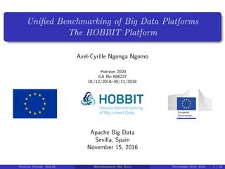Uniﬁed Benchmarking of Big Data Platforms
The HOBBIT Platform
Axel-Cyrille Ngonga Ngomo
Horizon 2020
GA No 688227
01/12/2016–30/11/2018
Apache Big Data
Sevilla, Spain
November 15, 2016
Ngonga Ngomo (InfAI) Benchmarking Big Data November 15th, 2016 1 / 44
 