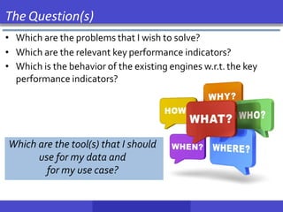 The Question(s)
• Which are the problems that I wish to solve?
• Which are the relevant key performance indicators?
• Which is the behavior of the existing engines w.r.t. the key
performance indicators?
Which are the tool(s) that I should
use for my data and
for my use case?
 