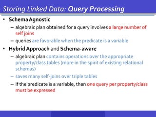 Storing Linked Data: Query Processing
• SchemaAgnostic
– algebraic plan obtained for a query involves a large number of
self joins
– queries are favorable when the predicate is a variable
• HybridApproach and Schema-aware
– algebraic plan contains operations over the appropriate
property/class tables (more in the spirit of existing relational
schemas)
– saves many self-joins over triple tables
– if the predicate is a variable, then one query per property/class
must be expressed
 