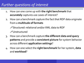 Further questions of interest
1. How can one come up with the right benchmark that
accurately captures use cases of interest?
2. How can a benchmark capture the fact that RDF data originate
from a multitude of formats
Structured: relational and/orXML data to RDF
Unstructured
3. How can a benchmark capture the diﬀerent data and query
patterns and provide a consistent picture for system behavior
across diﬀerent application settings?
4. How can one select the right benchmark for her system, data
and workload?
 