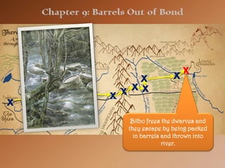 X
            X            X
           XX
    X   XX
X
           Bilbo frees the dwarves and
          they escape by being packed
            in barrels and thrown into
                       river.
 