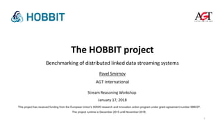 Benchmarking of distributed linked data streaming systems
This project has received funding from the European Union's H2020 research and innovation action program under grant agreement number 688227.
The project runtime is December 2015 until November 2018.
The HOBBIT project
Pavel Smirnov
AGT International
1
Stream Reasoning Workshop
January 17, 2018
 