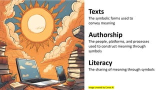 Texts
The symbolic forms used to
convey meaning
Authorship
The people, platforms, and processes
used to construct meaning through
symbols
Literacy
The sharing of meaning through symbols
Image created by Canva AI
 